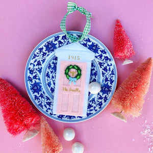 Pink Front Door Ornament on a Blue and White Plate