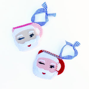 Winking Santa Ornaments in Pink and Red
