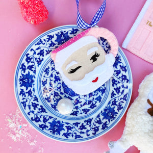Retro Winking Santa Mug Ornament | Pink