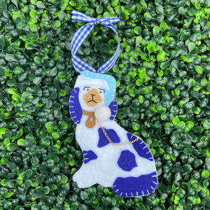 Right Stafforshire Dog Ornament with Blue Santa Hat