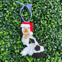 Load image into Gallery viewer, Right staffordshire dog ornaments wearing a red santa hat.