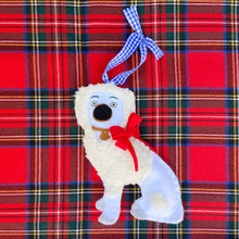 Load image into Gallery viewer, Right Staffordshire Poodle Ornament with a Red Bow on a Red Plaid Background