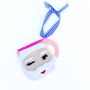 Winking Santa Mug Ornament in Pink on a White Background