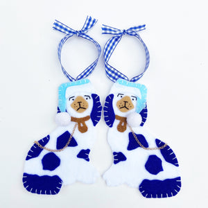 Pair of Staffordshire Dog Ornaments with Blue Santa Hats