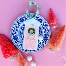 Load image into Gallery viewer, Pink Front Door Ornament on a Blue and White Plate