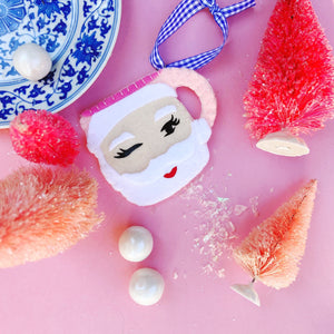 Winking Santa Mug Ornament in Pink on Pink Background